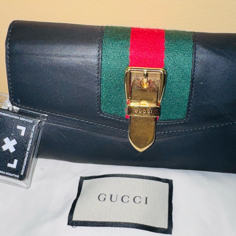 Gucci Black Leather Clutch with Green and Red Web Stripe and Gold Hardware